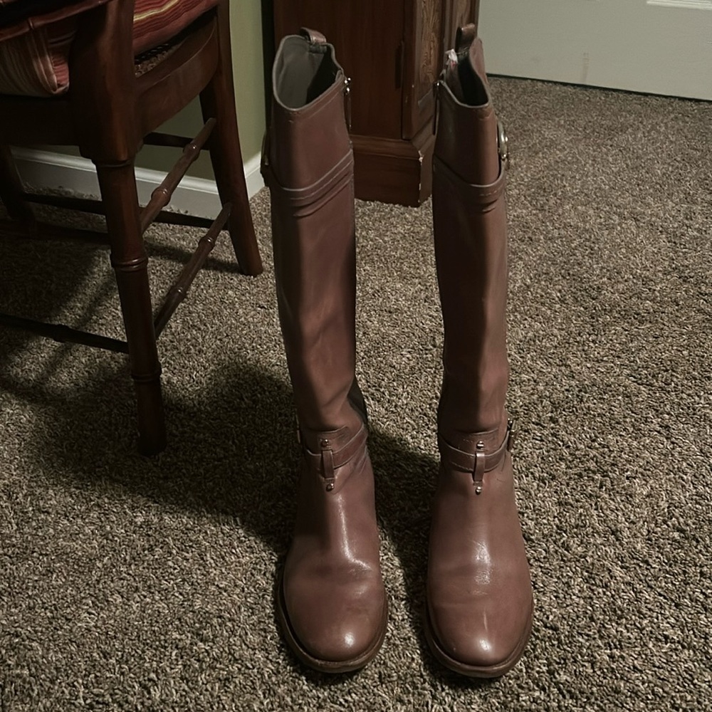 Mushroom taupe leather Tory Burch riding boots